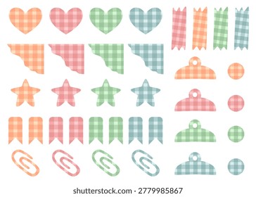 Pastel Gingham Scrapbook Elements Set with Hearts, Stars, Clips and Torn Paper Vector Illustration 