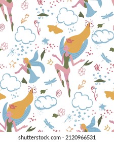 pastel girly pattern with Funny winged elf princess with clouds, butterfly, dragonfly, sun, stars in cartoon style