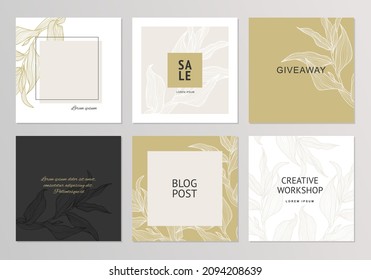 Pastel and gold backgrounds with minimal floral elements. Social media post templates. Vector for content creators about beauty, fashion, cosmetics, jewelry, makeup