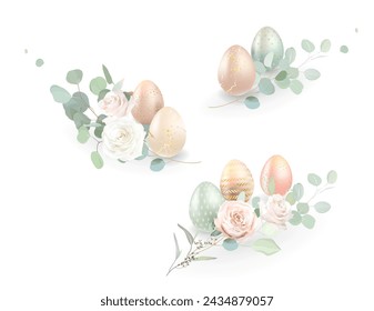 Pastel and gold Easter eggs vector design bouquets. Sage, peachy and beige tones. Blush pink and white roses, eucalyptus spring design. Seasonal flowers. Watercolor composition. Isolated and editable