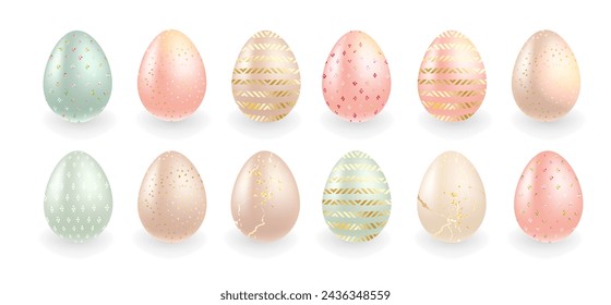 Pastel and gold Easter eggs vector design set. Sage, pink, peach and beige tones. Blush pink and mint green spring design. Seasonal vector collection. Watercolor composition. Isolated and editable