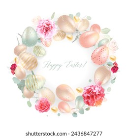 Pastel and gold Easter eggs vector design wreath. Sage, peachy and magenta tones. Bright pink roses, hydrangea, eucalyptus spring design. Seasonal flowers. Watercolor composition.Isolated and editable