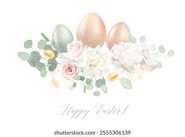 Pastel and gold Easter eggs vector design bouquet. Sage, peachy and beige tones. Blush pink and white roses, eucalyptus spring design. Seasonal flowers. Watercolor composition. Isolated and editable