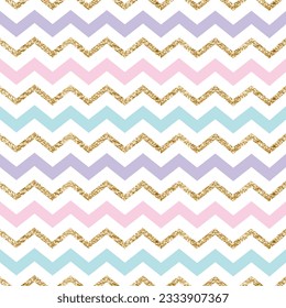 Pastel Gold glitter zigzag chevron seamless pattern on white background. Design template card, wallpaper, wrapping, textile, fabric etc Vector Illustration