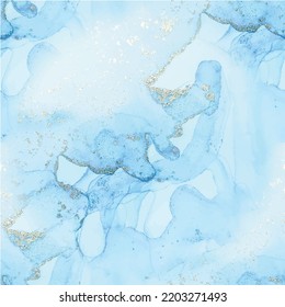 Pastel Gold Water Color. Vector Seamless Painting. Golden Vector Ink Canvas. Blue Gradient Background. Foil Ink Paint. Alcohol Ink Seamless Background. Marble Seamless Watercolor. Blue Gold Glitter