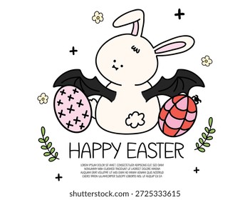 Pastel Goth Bunny Ostern Grußkartendesign, Spooky Cute Rabbit, Cute Gothic Bunny mit Fledermausflügeln, Ostereier und Blumen, Creepy Cute Vector