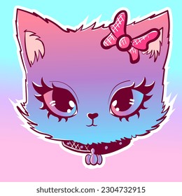 Pastel goth cat with a ribbon and a leather chocker. Digital art of a feline character doodle with anime eyes and pink fur.