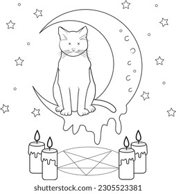 Pastel goth coloring page for children and adults. Hand drawing vector illustration in black outline on a white background.