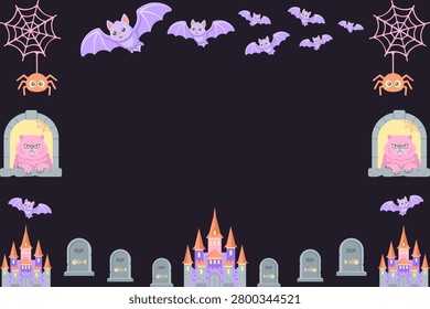 Pastel Goth Halloween Frame Vector Grumpy Persian Cat at Haunted Castle Window with Tombstone, Bat, Spiderweb. Cute spooky template with central copy space.