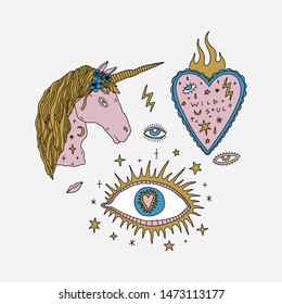 Pastel Goth Romantic Unicorn Gold Horn Flowers Girl Heart Eye of Providence Linear Medieval Engraving Style Magical Vector Clipart Illustration Stickers