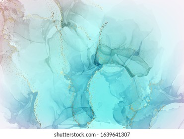 Pastel gradient blue paint with gold foil marble ink, watercolor liquid vector design. Dynamic fluid elements creative print, modern  ocean oriental art, trendy artistic waves.