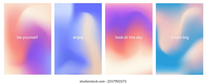 Pastel Gradient Poster Set. Rainbow Flyers with Blurred Light Colors and Motivational Quote. Banners with light blue, yellow and pink shades of sky. Cartoon vector illustrations isolated on background