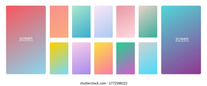 Pastel gradient smooth and vibrant soft color background set for devices, pc and modern smartphone screen soft pastel color backgrounds vector ux and ui design illustration isolated on white.