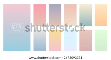 Pastel gradient swatches set. Soft color transitions in pink, blue, green, yellow, and peach tones. Collection of smooth vertical gradients for design, UI, or background. Vector illustration,