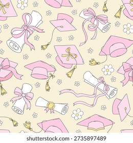 Pastel graduation seamless pattern with pink caps, diplomas, and bows in cute retro style