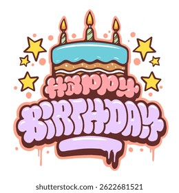 Pastel graffiti text "Happy Birthday" on white background with birthday cake and star decorations. Vibrant spray paint style, festive, cheerful, perfect for party celebration themes.