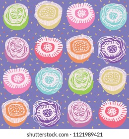 Pastel Graphic Floral Blooms, Bright Seamless Pattern, Hand Drawn Flower Illustration for Fashion Prints,  Wallpaper, Stationery, Home Decor, Gift Wrap & Pretty Web Backgrounds, Vector Surface Design
