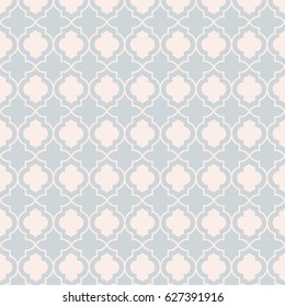 Pastel gray traditional geometric quatrefoil trellis pattern wallpaper. Vector textile rug or carpet background.