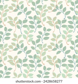 Pastel green abstract cute tiny leaves branches seamless pattern. Creative simple  leaf stems patterned on a light background. Vector hand drawn sketch doodle. Collage for printing, design, fabric