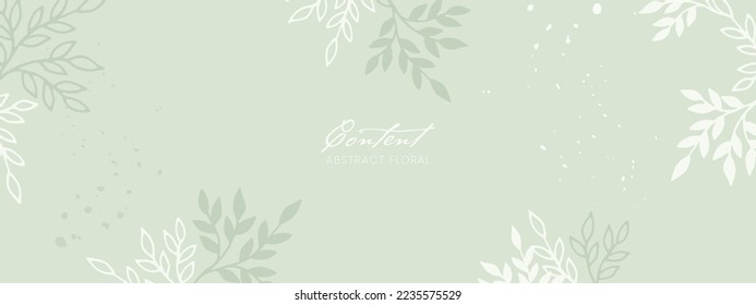 Pastel green background with leafy branches. Design for beauty, cosmetic, skin care, wedding, floristry.