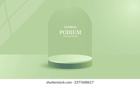 Pastel green background with realistic podium and arch in the background. Minimal scene. A showcase for your advertising and product display.