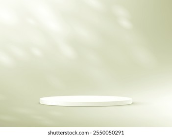 Vector de fondo verde pastel 3d con podio beige. Fondo verde Estudio con hojas de sombra. Espacio para la venta de productos en el Sitio web. Habitación vacía con hojas de sombra. Ilustración vectorial.