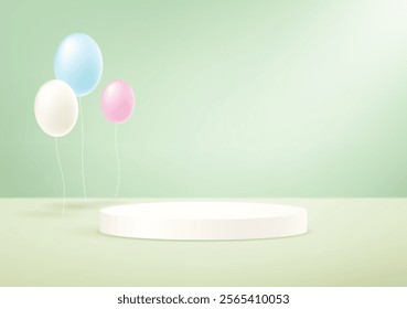 Pastel Green background vector 3d with balloons and podium. Product display presentation. Space for selling products on the website. Vector illustration.
