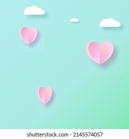 pastel green background white clouds pink hearts valentines day greeting card Gift wrapping paper, book cover, handkerchief pattern
