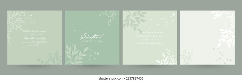 Pastel green backgrounds with leafy branches for social media posts. Concept of cosmetic, spa, wellness, floristry, skin care.