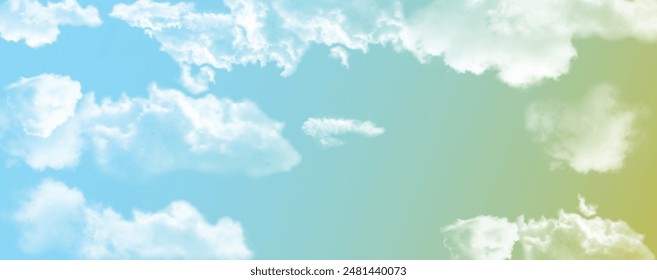 Fondo azul y verde pastel con nubes blancas de Vector.