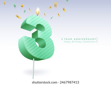 Pastel green candle number 3. Symbol celebrating 3rd birthday. Features a background of sprinkled ribbons. Use for birthdays, weddings, company anniversaries. Vector illustration file.