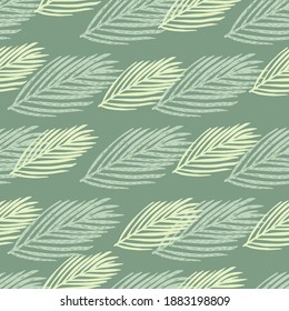 Pastel green colored seamless pattern with fir branches christmas shapes. New year decor print. Decorative backdrop for fabric design, textile print, wrapping, cover. Vector illustration.