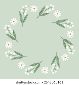 Moldura de círculo floral verde pastel. Encantadora coroa redonda combinando flores margaridas e lírio do vale em uma cor pastel macia. Decoração doce e encantadora. Ilustração vetorial