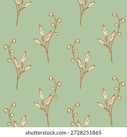 Pastellgrünes Blumenmuster, mit handgezeichneter Skizze von Zweigen und Beeren. Textilien, pastellfarbener Hintergrund, Tapete.