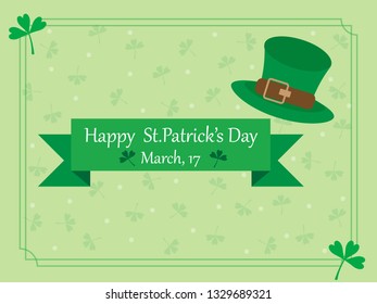 Pastel green frame background in St Patrick's day with ribbon text and hat. Illustration vector shamrock pattern wallpaper. Symbol of St Paddy's day Festival day to present happy and lucky on 17 March