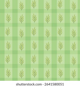 Pastel green gingham check featuring repeating leafy motifs