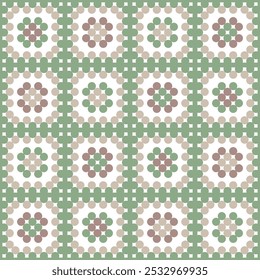 Pastel green Granny's Square blanket flat geometric Vector Pattern. Timeless neutral graphic crochet squares patchwork background seamless pattern.