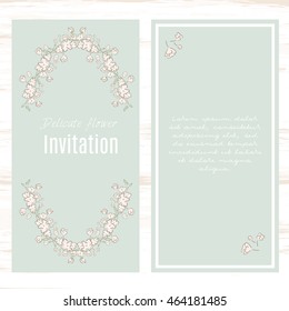 pastel green greeting card template floral background. Design stationery set in vector format. Wedding card or invitation, shabby chic