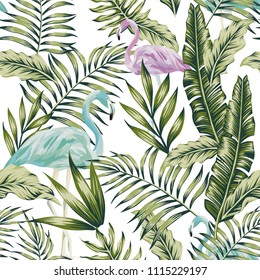 Pastel green jungle palm banana leaves blue purple tropical birds flamingo white background seamless pattern botanical composition