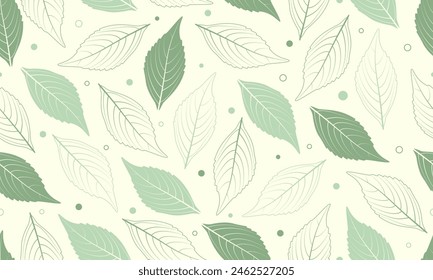 Pastel green leave seamless pattern on light yellow background. Vector Repeating Texture.