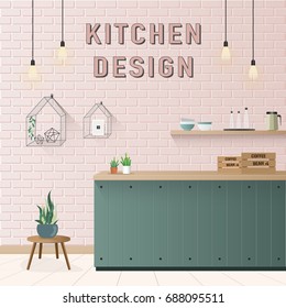 Pastel green Minimal pantry  Kitchen Interior on pink brick wall