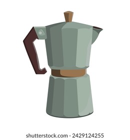 Pastel green Moka pot coffee maker. Cartoon vector illustration on white background. Hand drawn Italian coffee maker