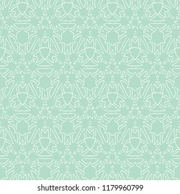 Pastel green nordic Christmas background. Simple geometric seamless pattern with bell shapes, holly branches, ribbons. Winter holiday design for decor, backgrounds, gift paper, fabric