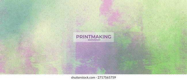 Fondo de textura de risógrafo púrpura verde pastel con efecto de impresión de linograbado. Fondo de bosque dibujado a mano con superposición de pantalla de semitono de Vector. Eco Fondo de pantalla con efecto risográfico de grabado.