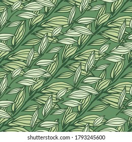 Pastellgrün-Farbtöne nahtlose Muster mit Umrissblättern-Ornament. Einfache florale Kulisse. Entworfen für Tapete, Textilien, Wickelpapier, Stoffdruck. Vektorgrafik.