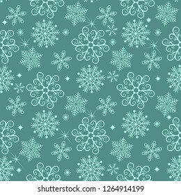 Pastel green winter seamless christmas pattern with snowflakes, vector eps 8