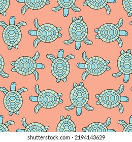 Pastel green-blue turtles on orange seamless pattern vector