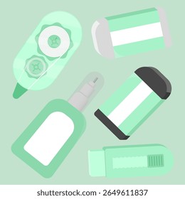 A pastel green-themed eraser tools set including tapes, pens, erasers, and sliders. Modern flat design.
