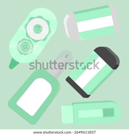 A pastel green-themed eraser tools set including tapes, pens, erasers, and sliders. Modern flat design.