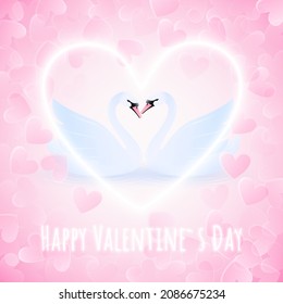 Pastel Greeting Card. Vector Illustration.Two Swans on Water in Big White Neon Heart. Text Happy Valentines Day. Pink Background. Romantic Border. Wedding Design. 